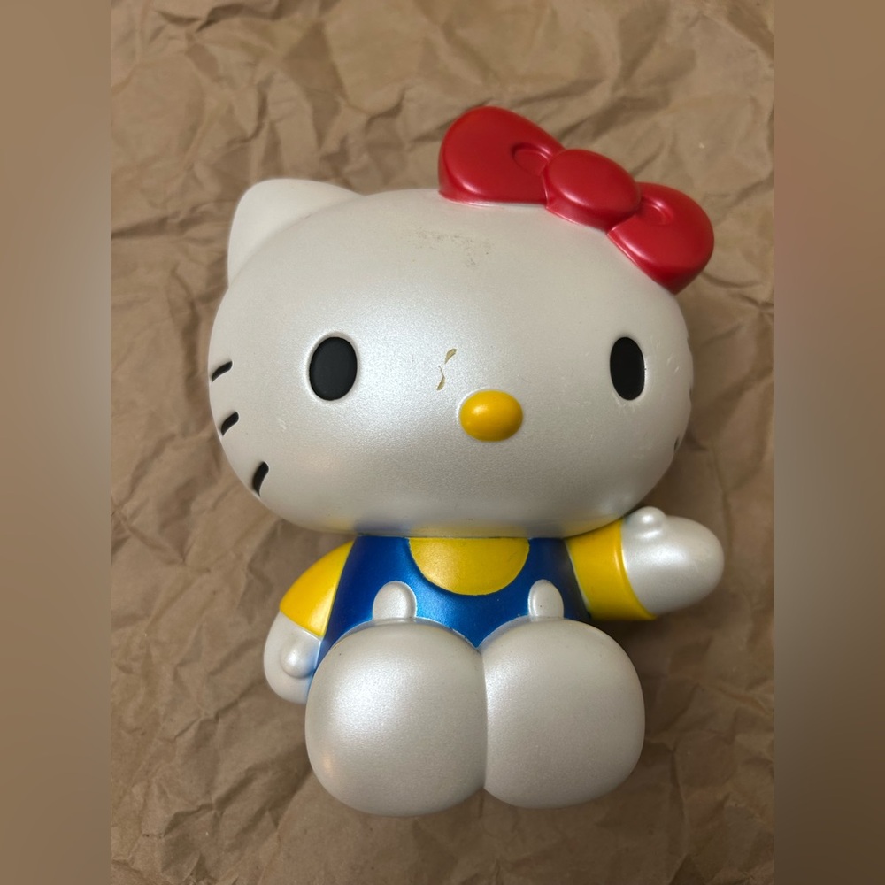 Hello Kitty Coin Bank with Red Bow and Blue-Yellow Outfit